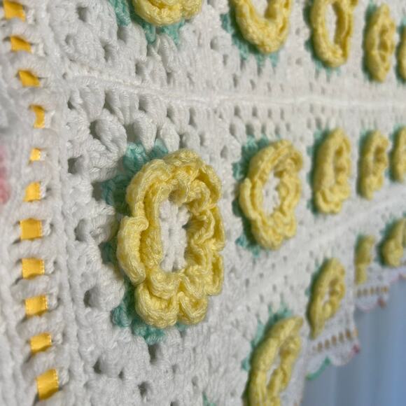 Handmade 3D Floral Baby Afghan 39x39 Green Yellow Pink White - Picture 2 of 5